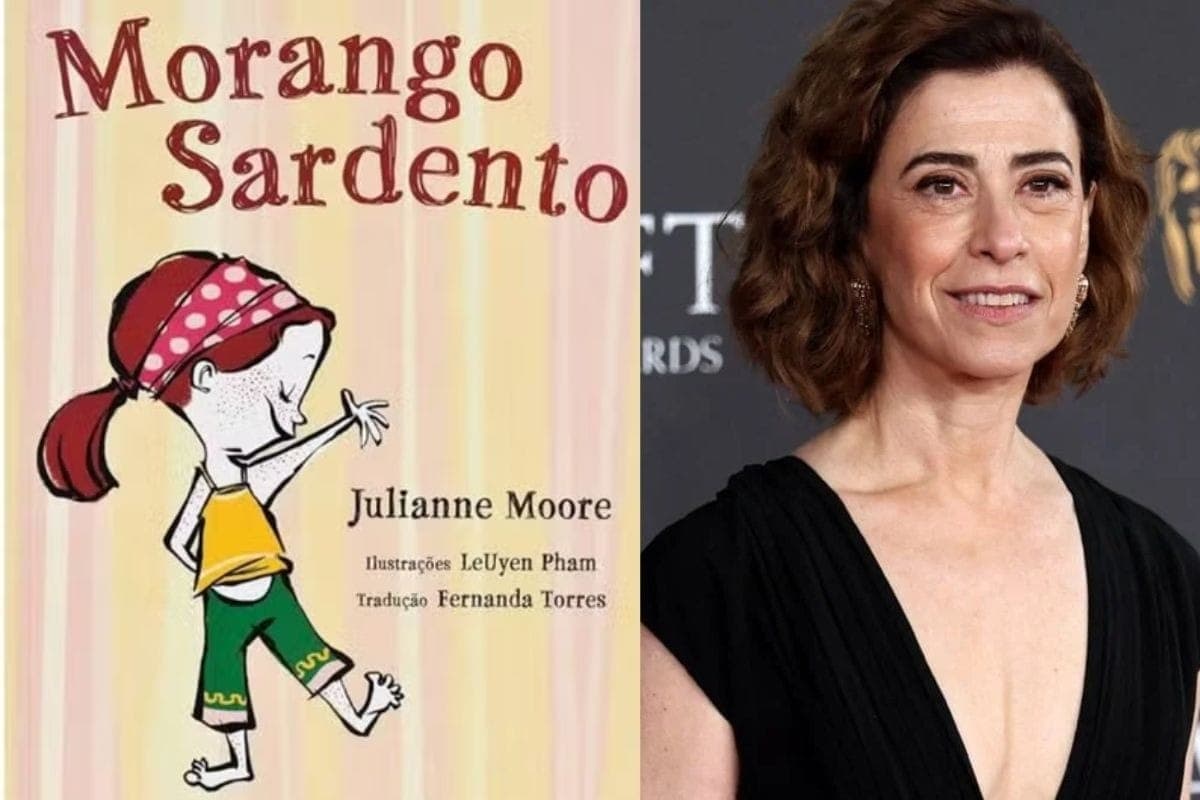 Capa do livro Morango Sardento e Fernanda Torres