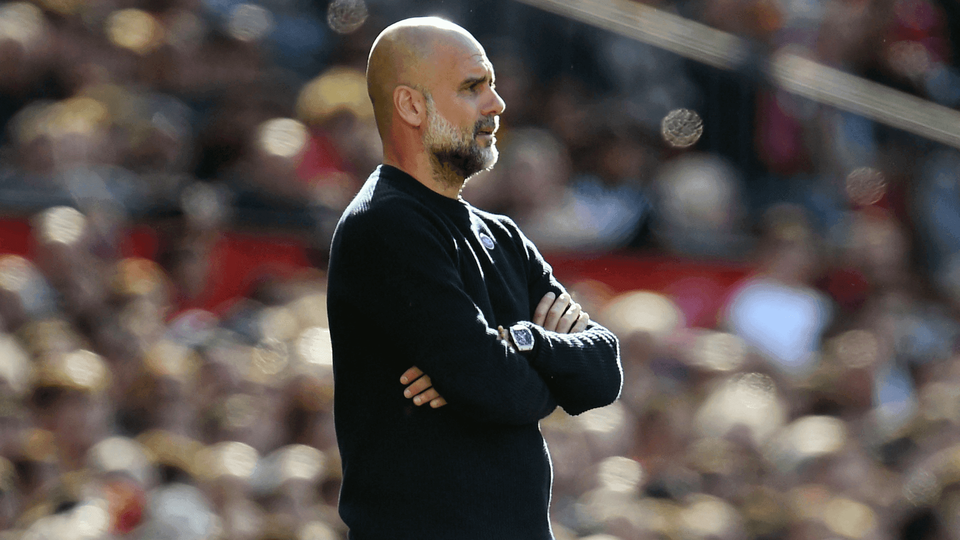 Técnico do Manchester City, Pep Guardiola, durante o Dérbi de Manchester, em Old Trafford