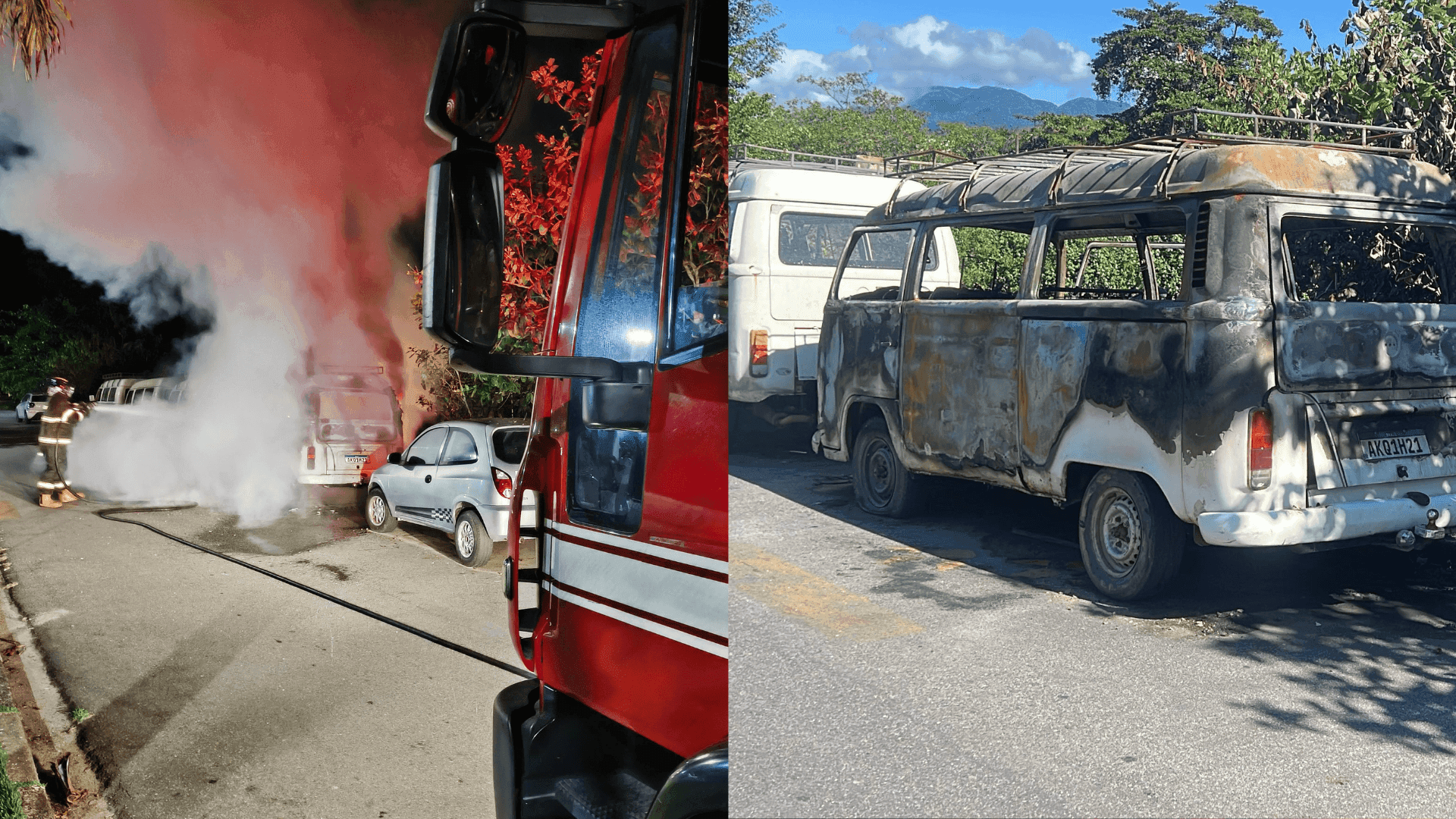 Kombi pega fogo em Ubatuba; suspeita é de incêndio criminoso