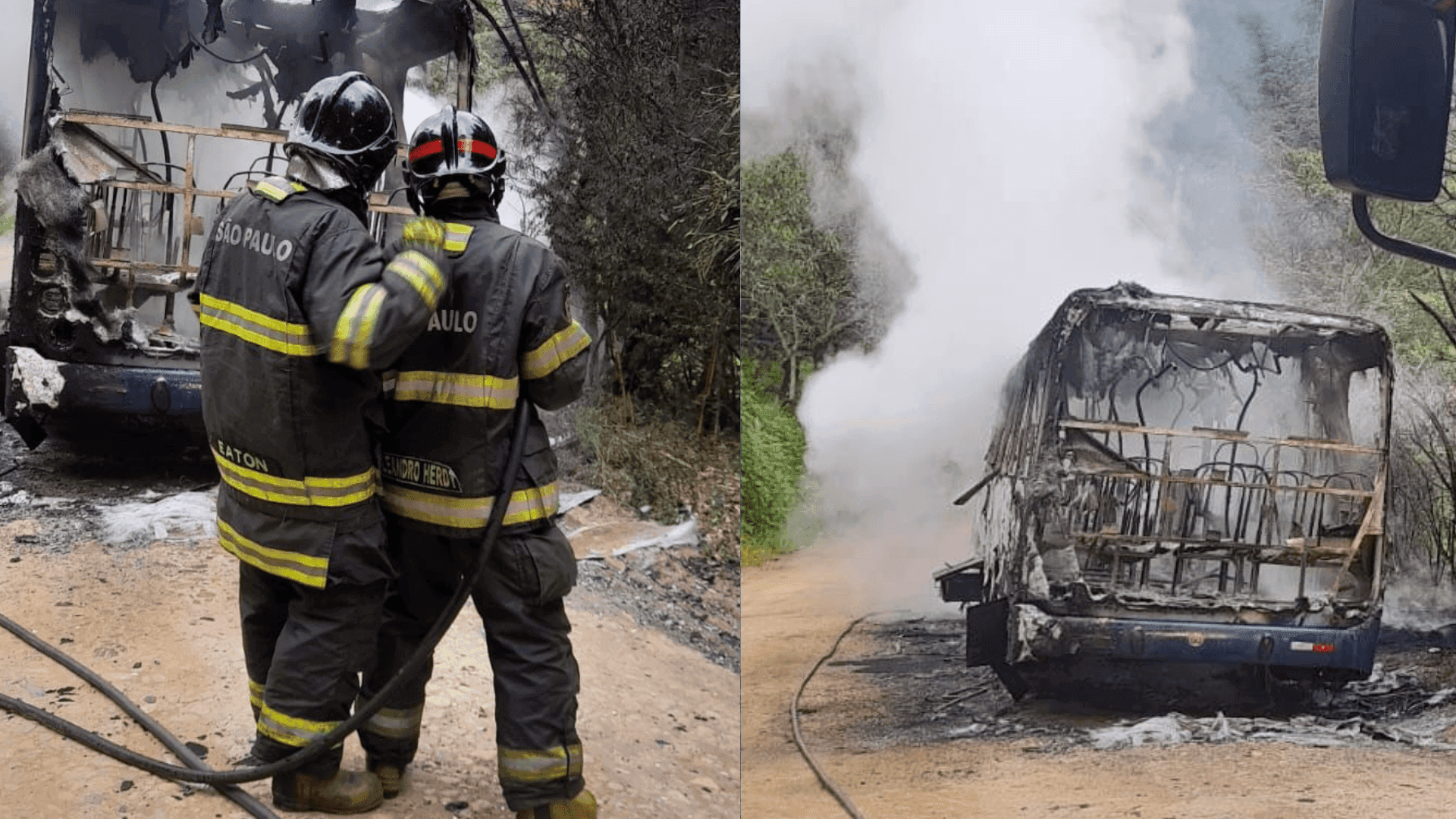 Ônibus pega fogo e fica completamente destruído em Guaratinguetá