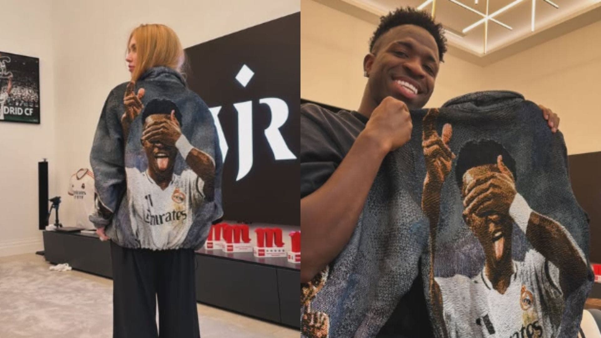 Virginia com jaqueta com rosto de Vini Jr. 