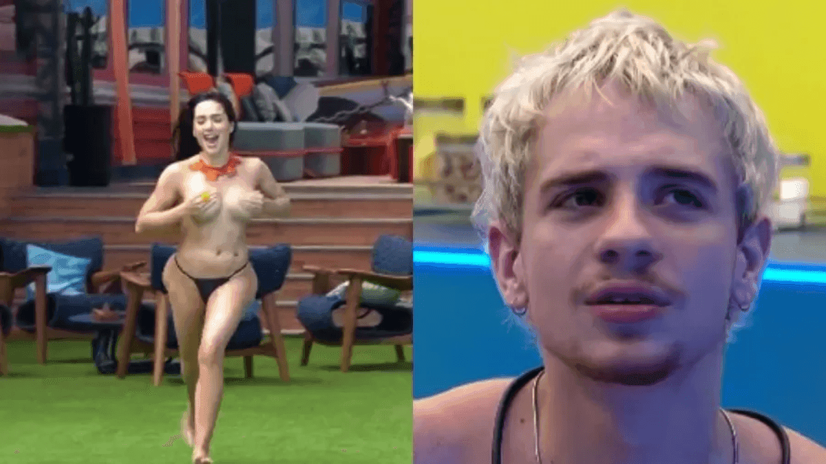 Jordana pula na piscina e Juliano julga
