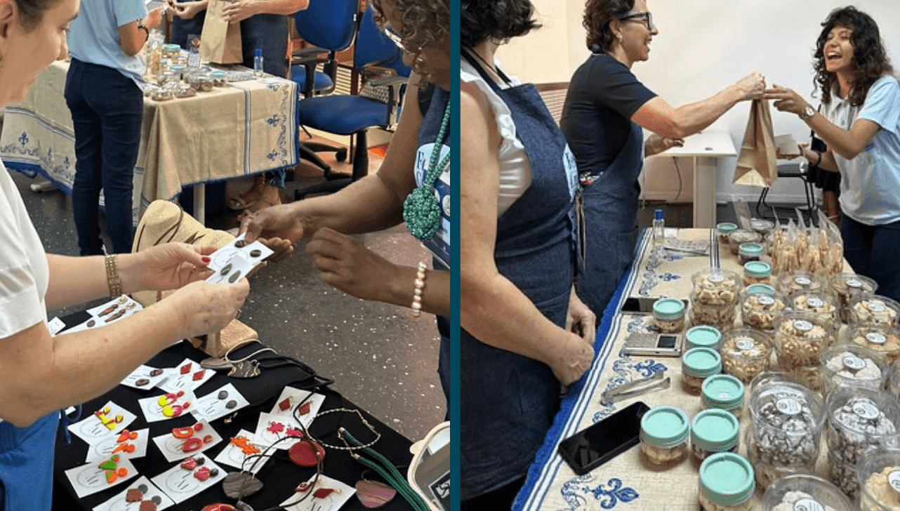A feira conta com  expositores de produtos de confeitaria e de perfumaria artesanal 