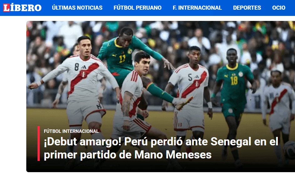 Site destaca derrota do Peru