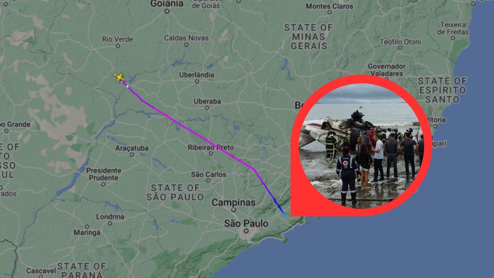 Trajeto de avião que caiu em Ubatuba (SP)