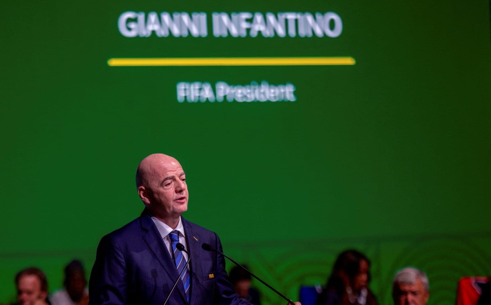 Gianni Infantino, presidente da Fifa, em congresso da entidade em 2023, em Kigali (Ruanda)
