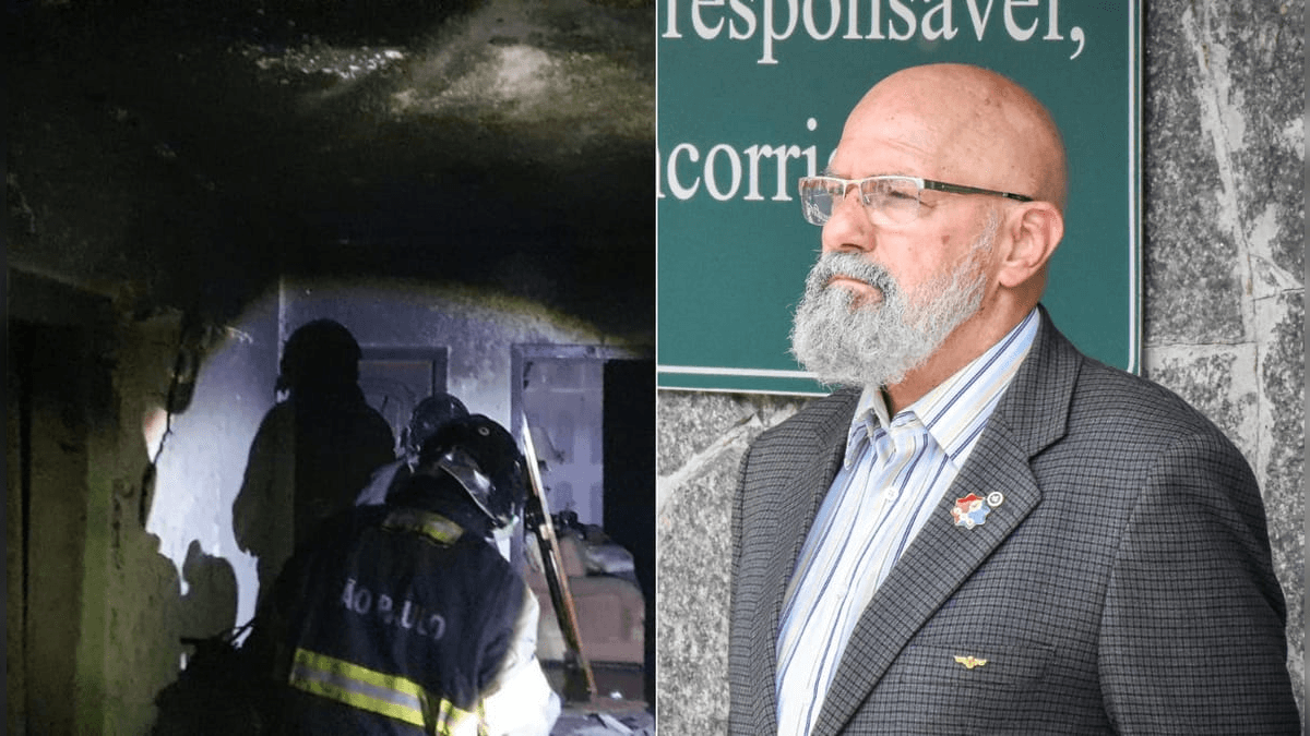 Incêndio no apartamento (à esquerda) e coronel Virgílio Parra Diaso (à direita)