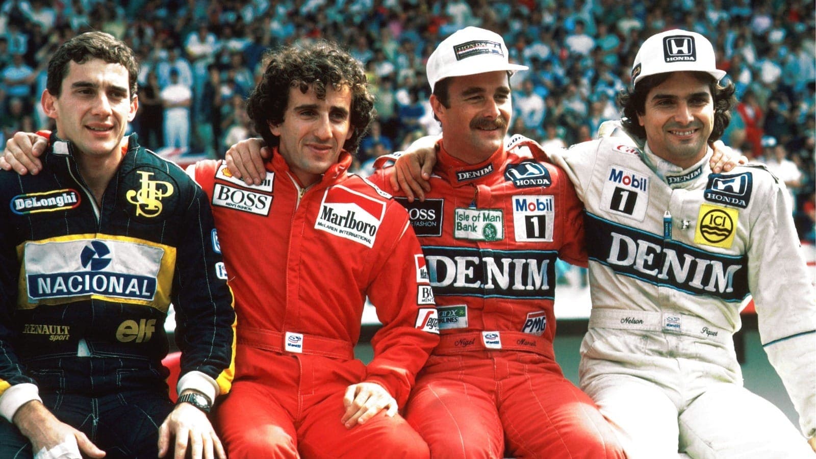 Ayrton Senna (Lotus), Alain Prost (Ferrari), Nigel Mansell (Williams) e Nelson Piquet (Williams)