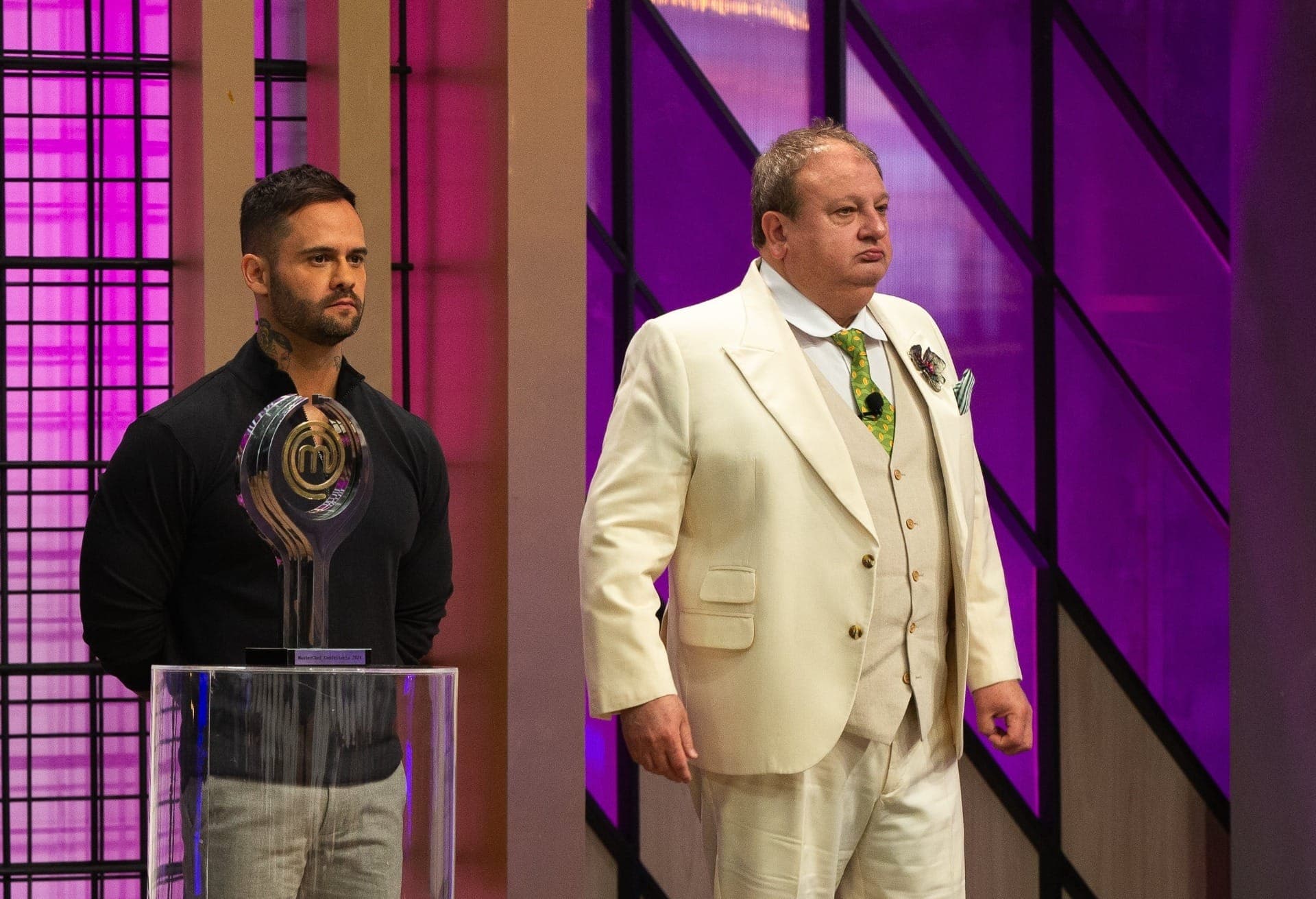 Diego Lozano e Érick Jacquin na estreia do MasterChef Confeitaria