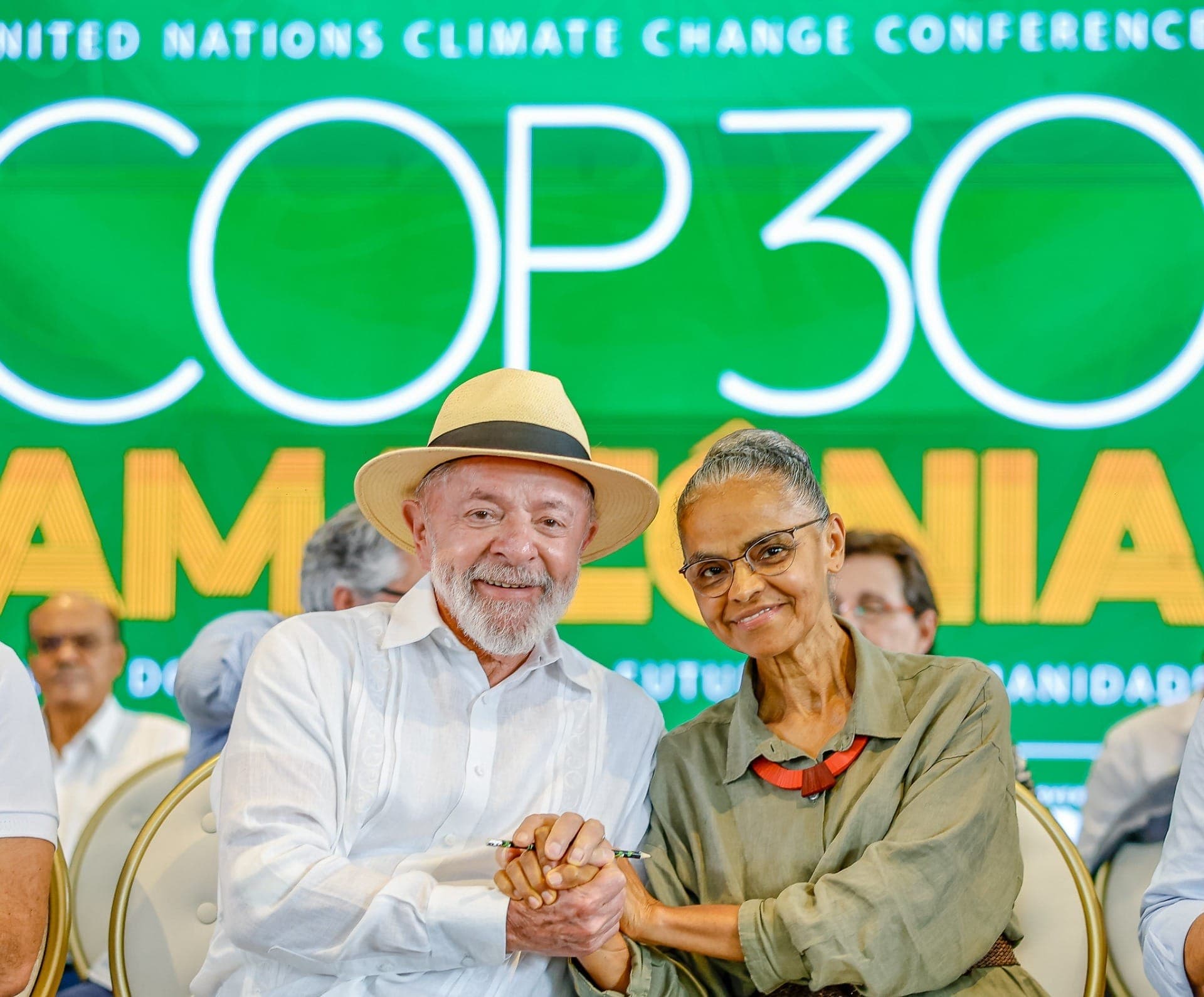 Lula e Marina Silva, ministra do Meio Ambiente e Mudança do Clima, Marina Silva, durante a divulgação dos investimentos do governo para a COP30 e seu legado