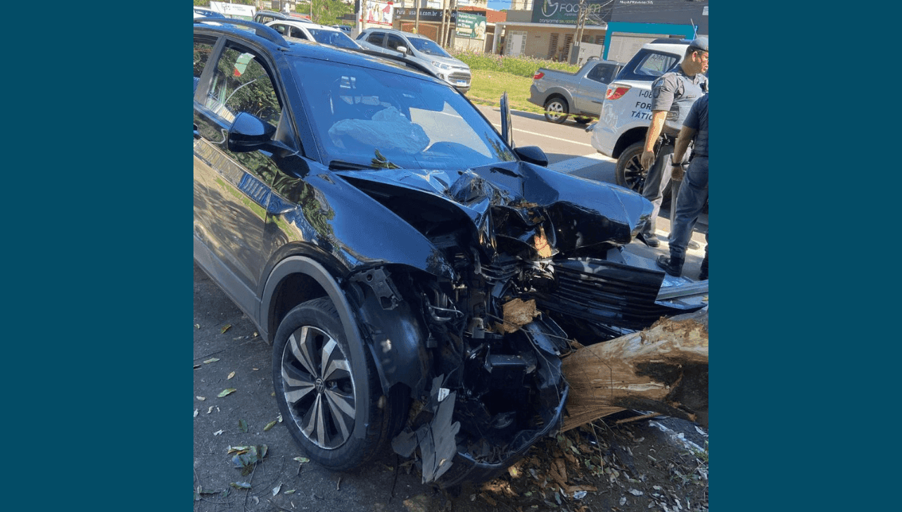 Perseguição terminou após criminoso bater carro roubado em árvore