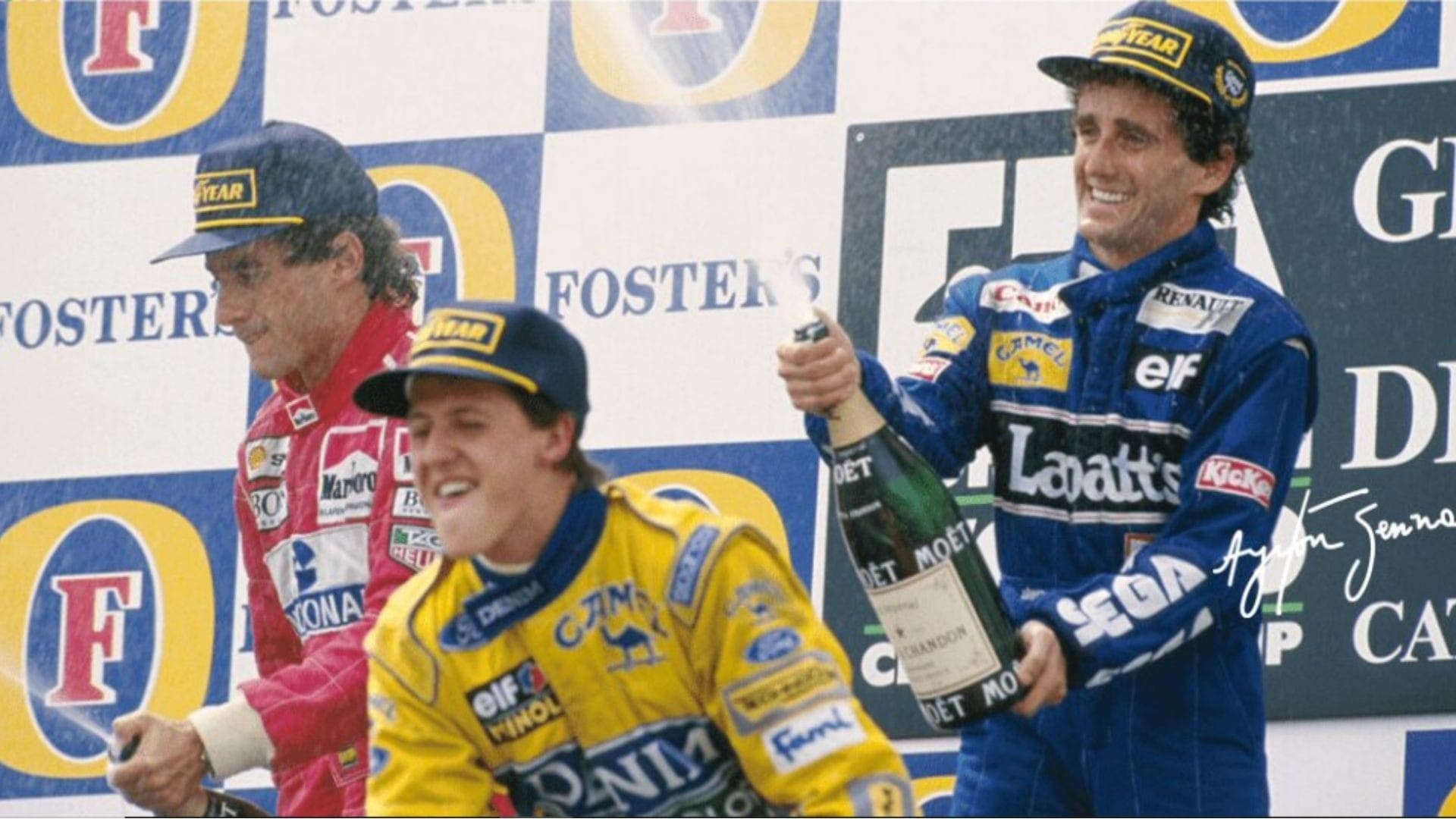 Ayrton Senna, Michael Schumacher e Alain Prost em pódio do GP da Espanha de 1993