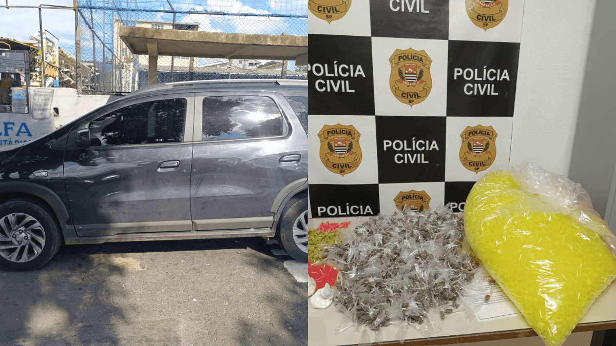 O veículo da vítima que foi recuperado e drogas apreendidas no local da prisão do suspeito