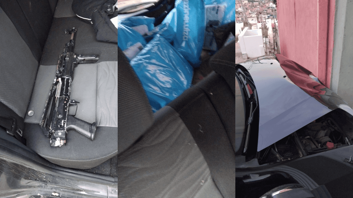 O fuzil falso encontrado, as mercadorias roubadas e o veículo batido, respectivamente