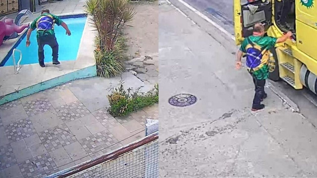 Vídeo mostra caminhonheiro se refrescando em piscina