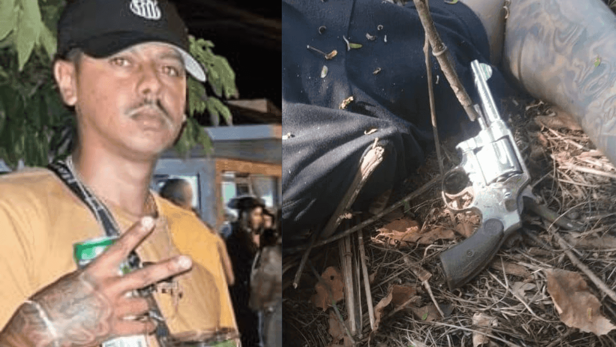 O principal suspeito, que foi encontrado morto, e o revólver que estava no local