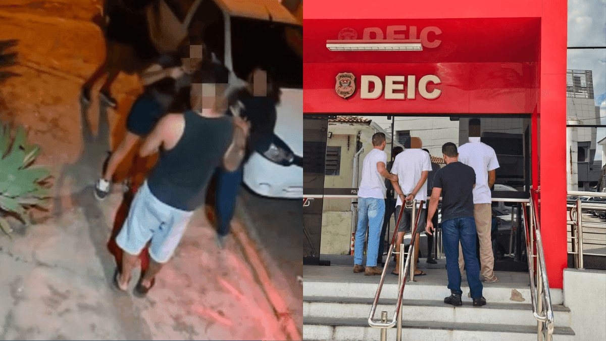 Suspeito de homícidio (de costas) e suspeitos de latrocínio, respectivamente