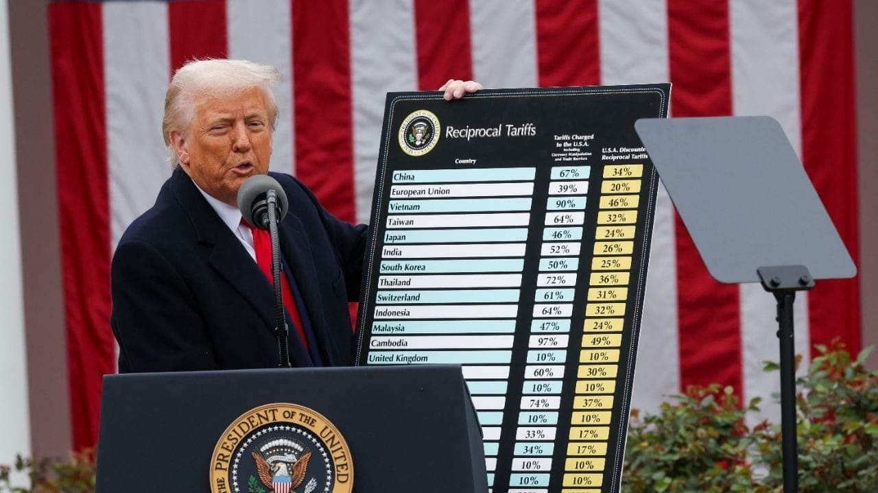 Trump com tabela listando tarifas recíprocas para cada país