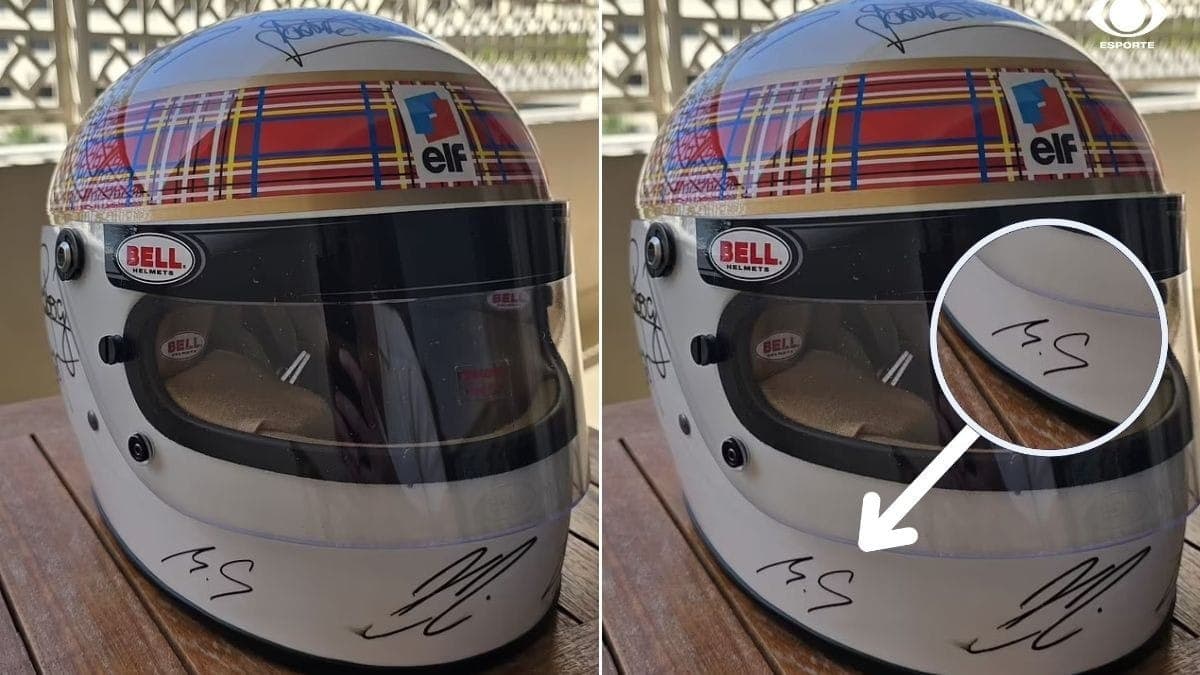 Michael Schumacher autografa capacete com ajuda da esposa para leilão beneficente