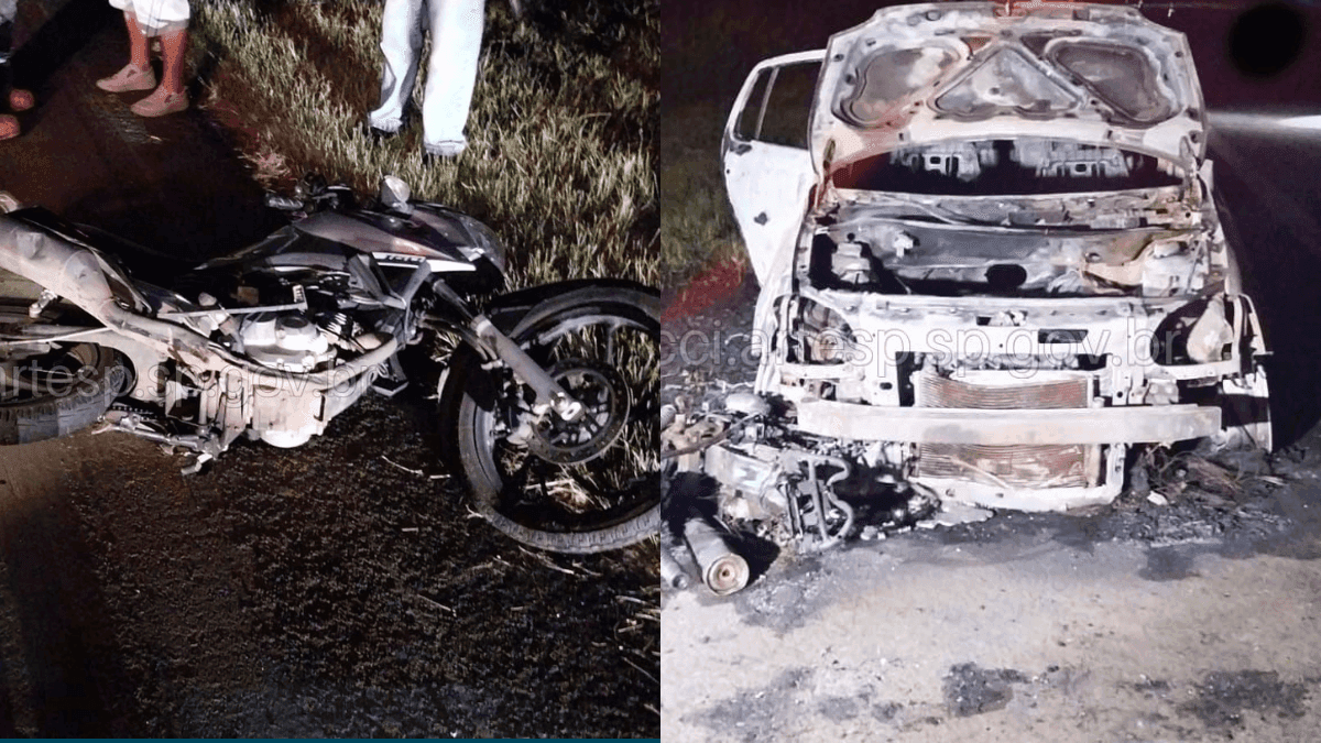 A motocicleta da vítima fatal e o veículo que pegou fogo após segundo acidente