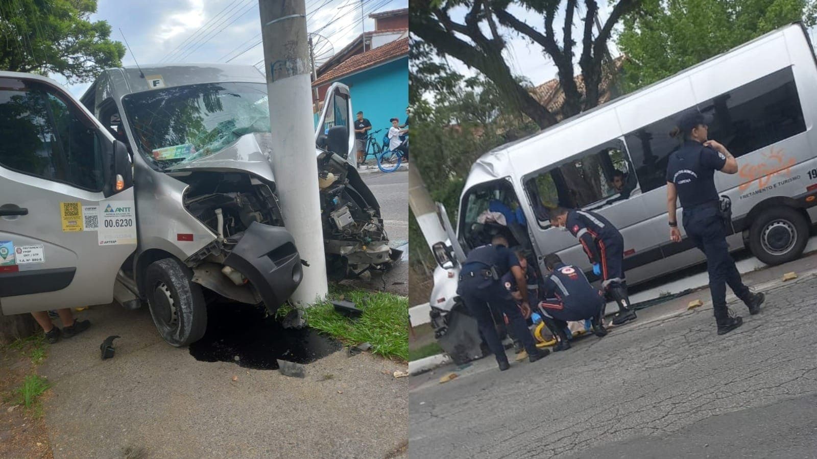 Acidente entre van e poste deixa um morto e cinco feridos em Lorena