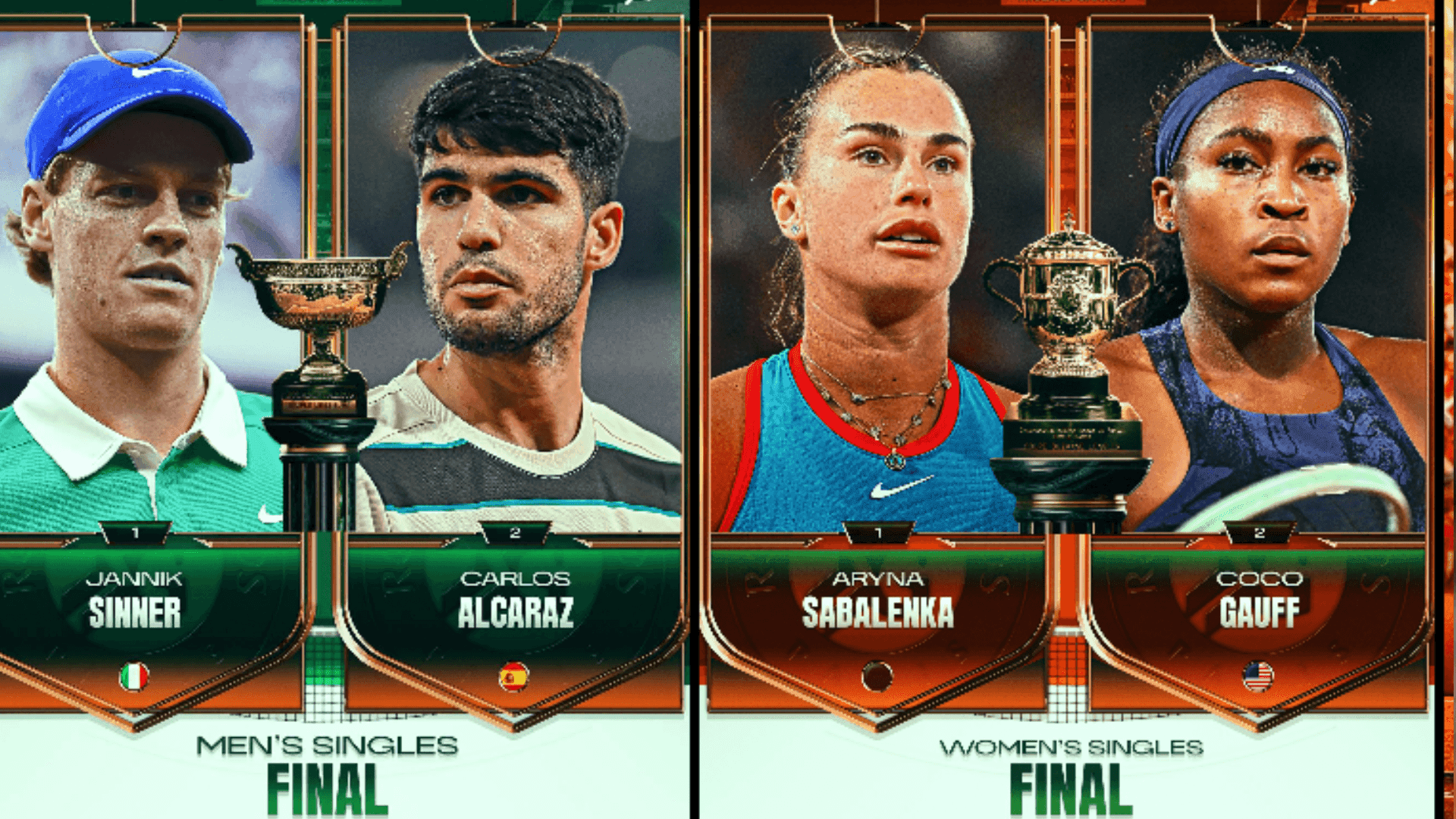 Jannik Sinner x Carlos Alcaraz farão a final masculina no domingo, enquanto no sábado a disputa pelo título será entre Aryna Sabalenka e Coco Gauff