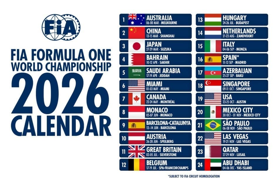 Confira o caledário de 2026 da Fórmula 1