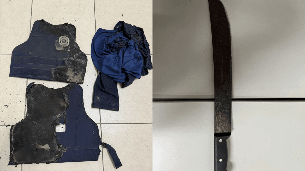 Farda do agente que foi incendiado e facão utilizado pela indiciada