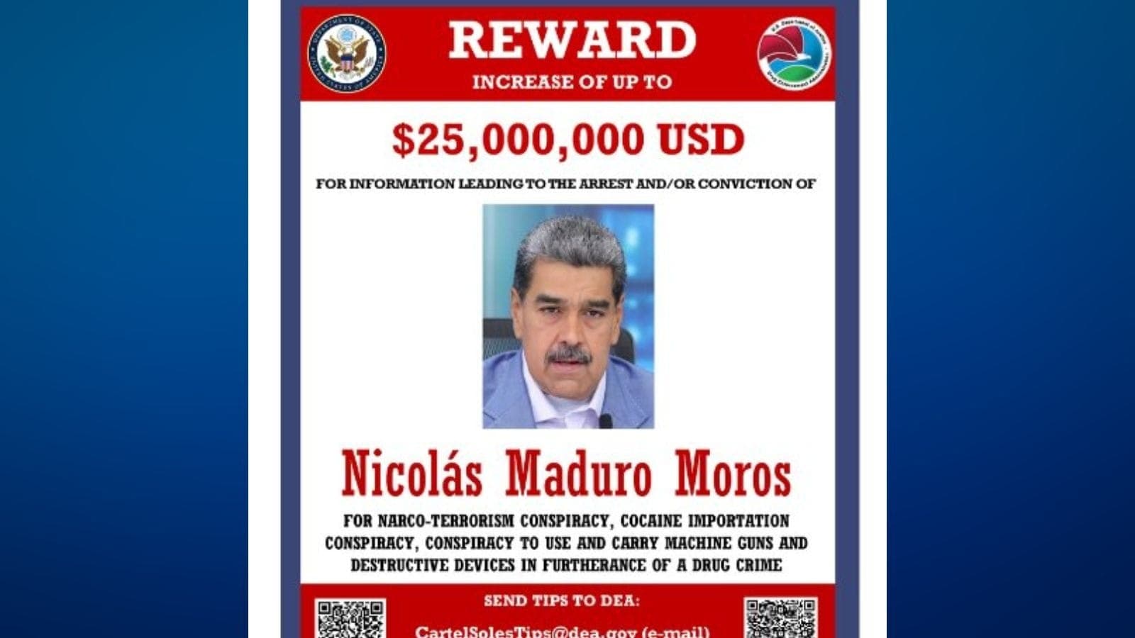 Recompensa por Maduro oferecida pelos EUA