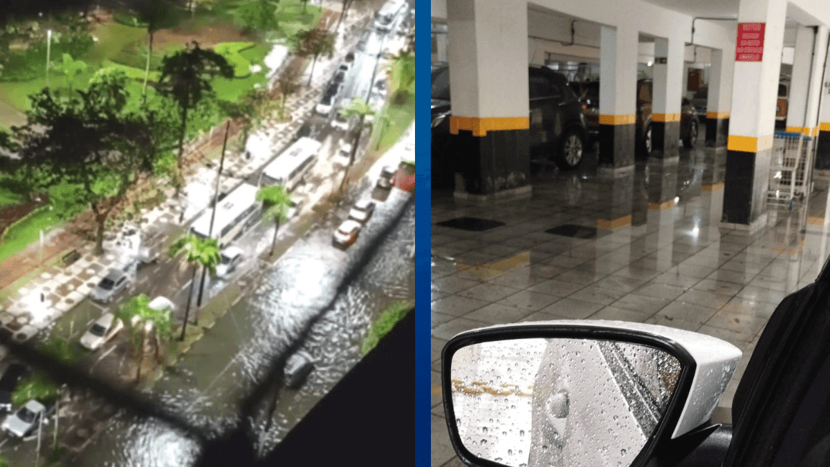 Imagem de Santos alagada e garagem de moradora entre o Canal 5 e 6
