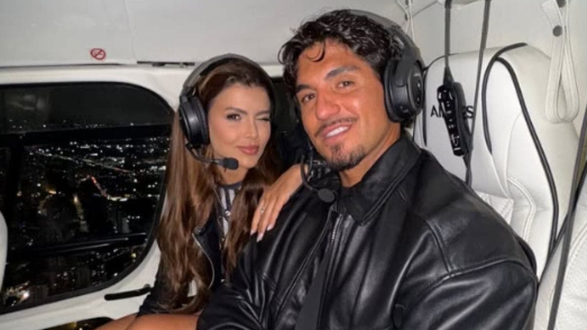 Gabriel Medina e a namorada vão a jogo da NFL em São Paulo de helicóptero