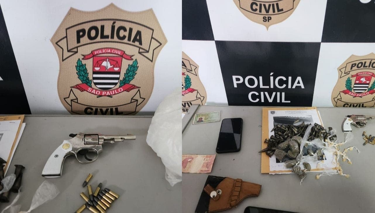 Arma e drogas apreendidas