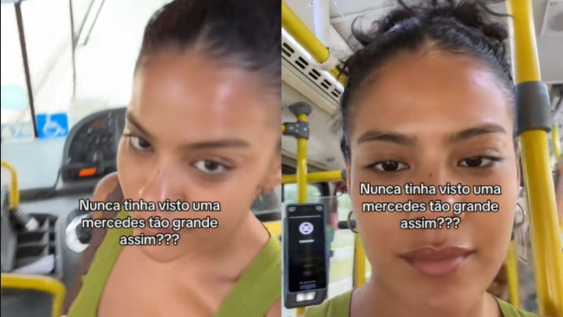 Bella Campos em ônibus durante gravação