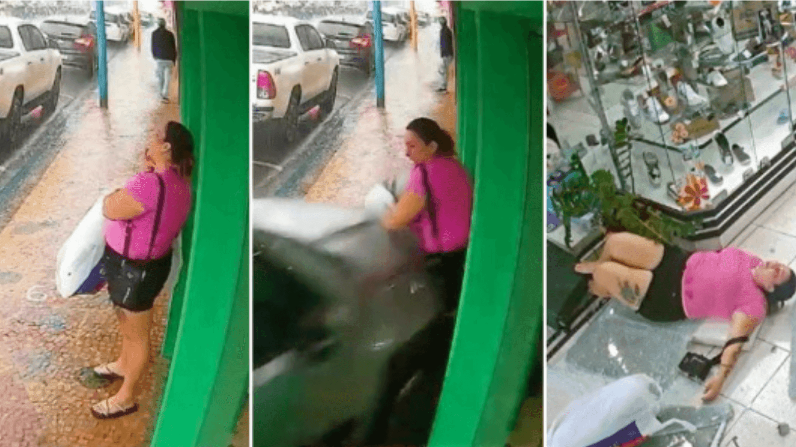 A mulher foi jogada para dentro da loja e teve ferimentos leves