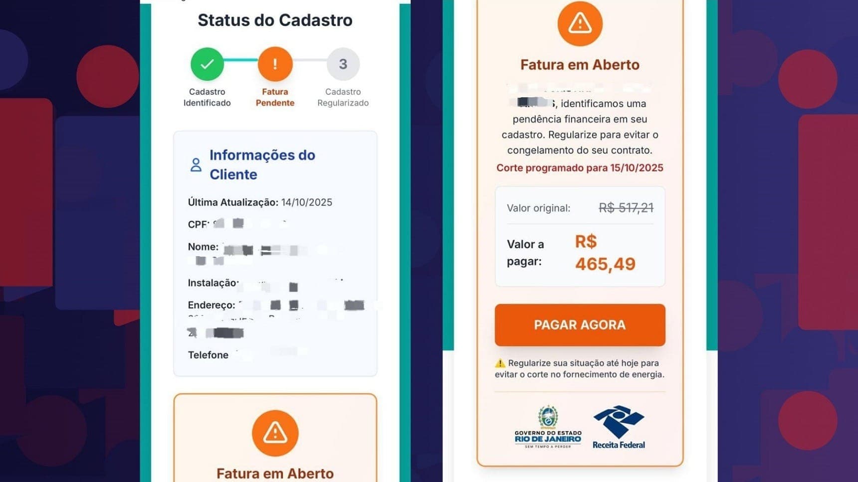 Os comunicados falsos são enviados por SMS ou WhatsApp, com o valor da dívida falsa, além do nome e CPF dos clientes