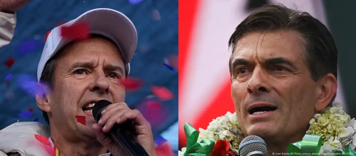 Os candidatos Jorge "Tuto" Quiroga (à esquerda) e Rodrigo Paz (à direita) disputam o segundo turno da eleição presidencial na Bolívi