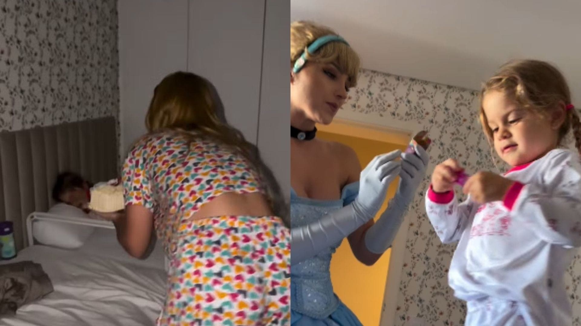 Maria Flor foi acordada com bolo e princesa no aniversário de 3 anos
