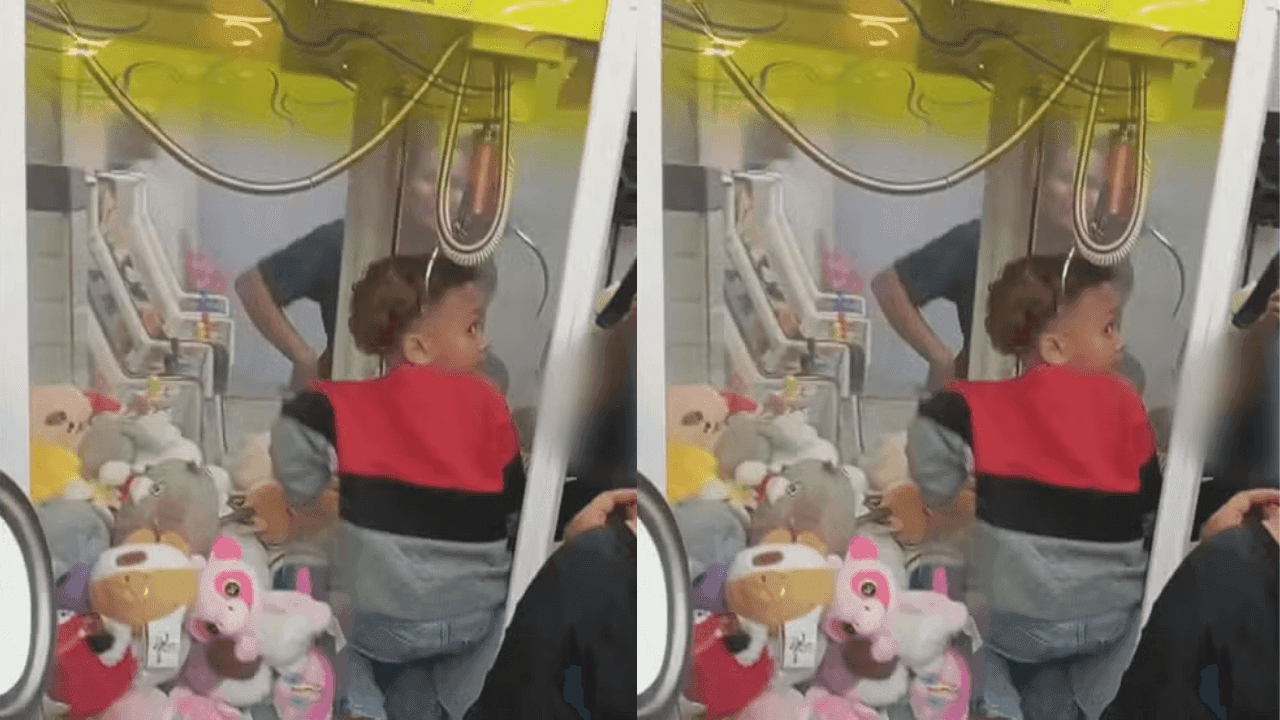 Garoto entra em máquina de bichos de pelúcia e fica preso