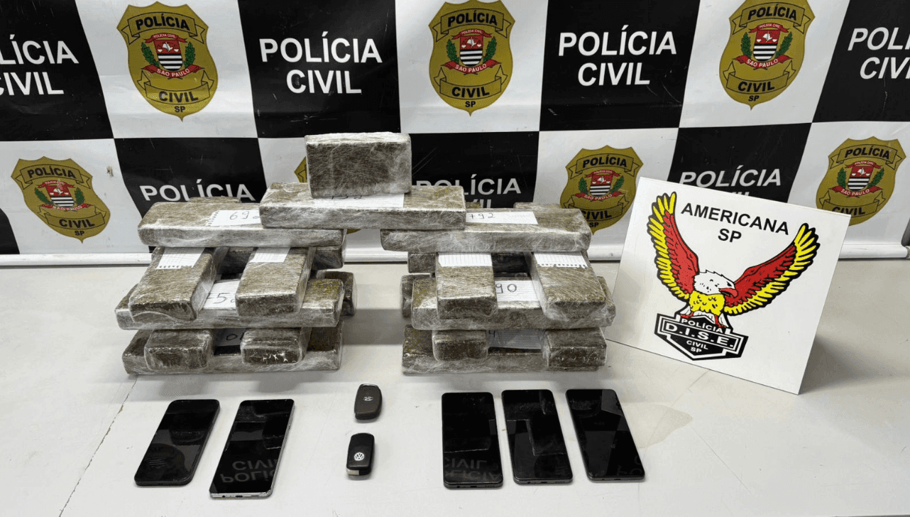 No total foram apreendidos 20 tijolos de maconha e 5 celulares