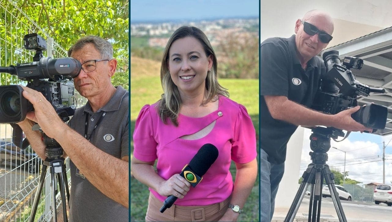 Os cinegrafistas Vilson Smanhoto e Pedro Sardeli, e a repórter Grasiele Gerondi, que concorrem ao Prêmio Fundação FEAC de Jornalismo