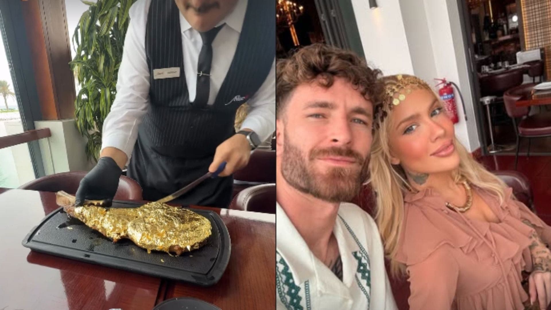 Karoline Lima e Léo Pereira em restaurante no Catar