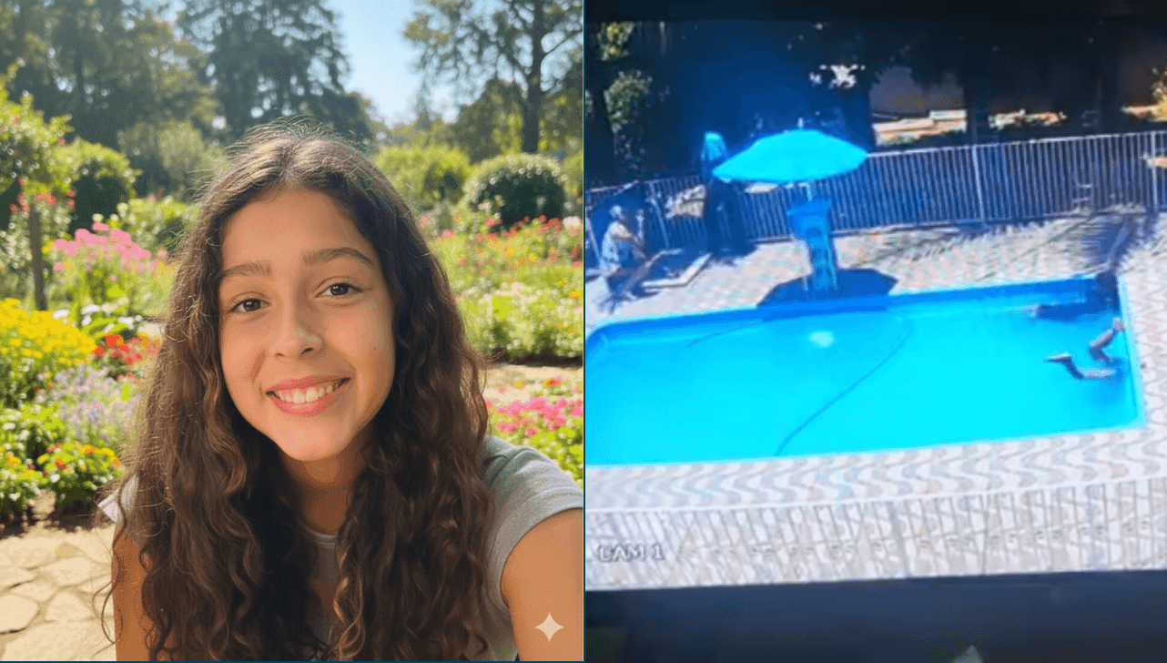 A menina que morreu afogada à direita e o momento que ela tem o cabelo sugado pelo equipamento à esquerda