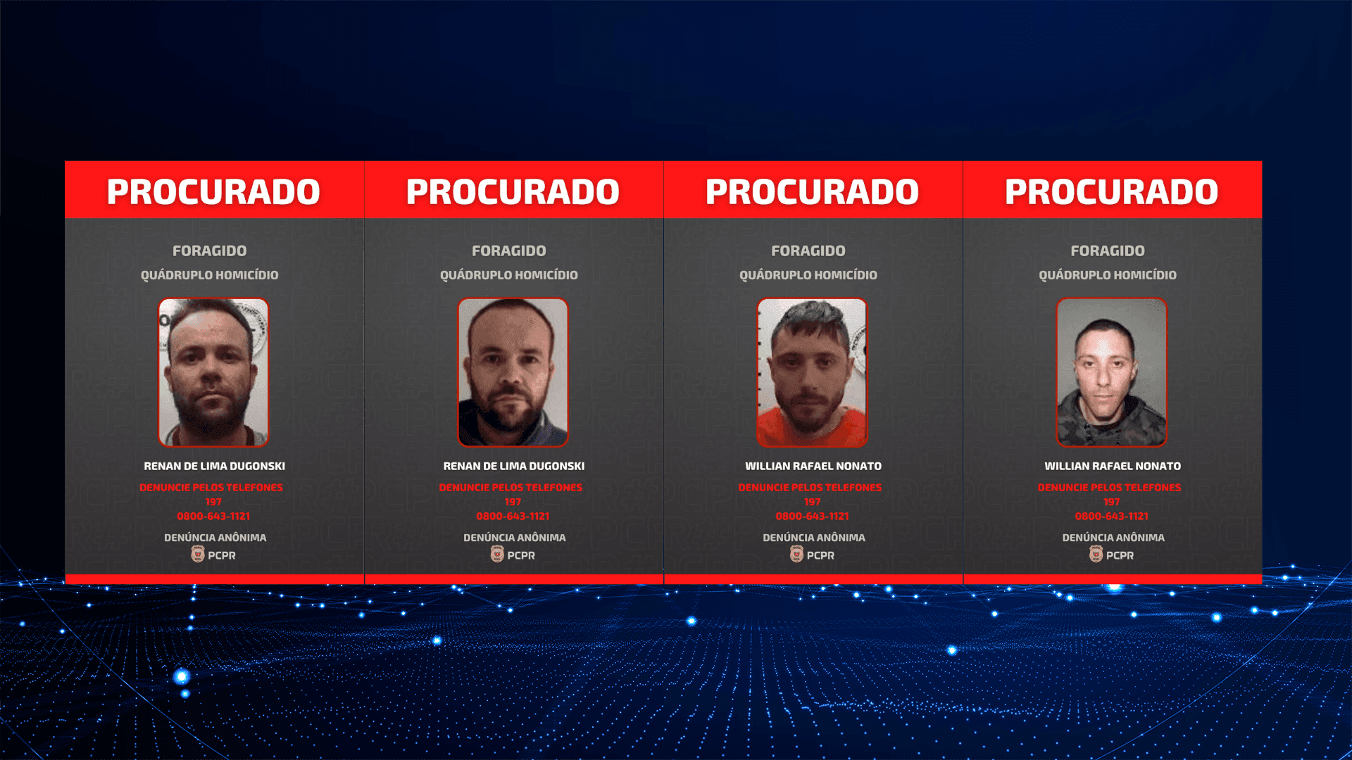Polícia Civil divulga imagens de dois foragidos suspeitos de quatro homicídios no Campo do Santana, em Curitiba, ocorridos durante festa infantil.