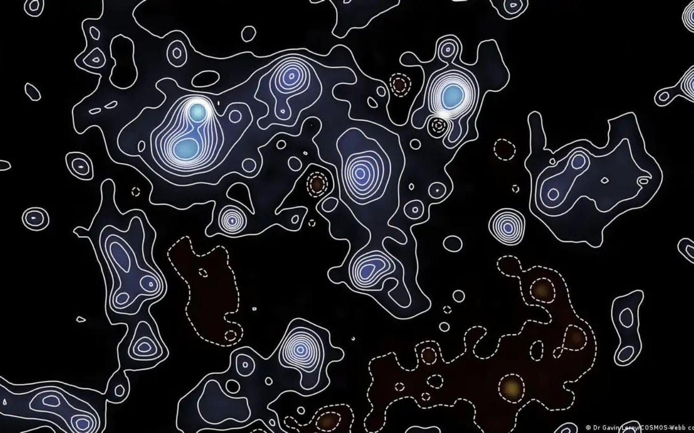 Novo mapa mostra como a matéria escura (em azul) forma a estrutura invisível que sustenta as galáxias do universo