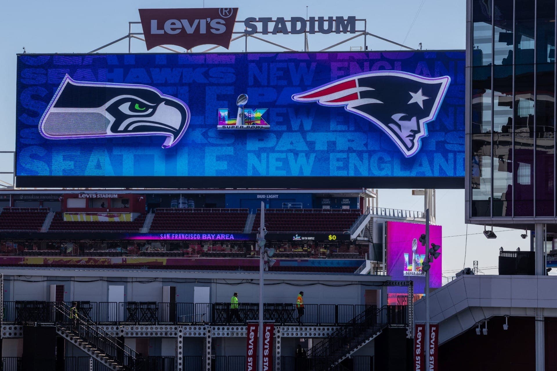 Vista do Levi's Stadium antes do Super Bowl, jogo entre New England Patriots e Seattle Seahawks