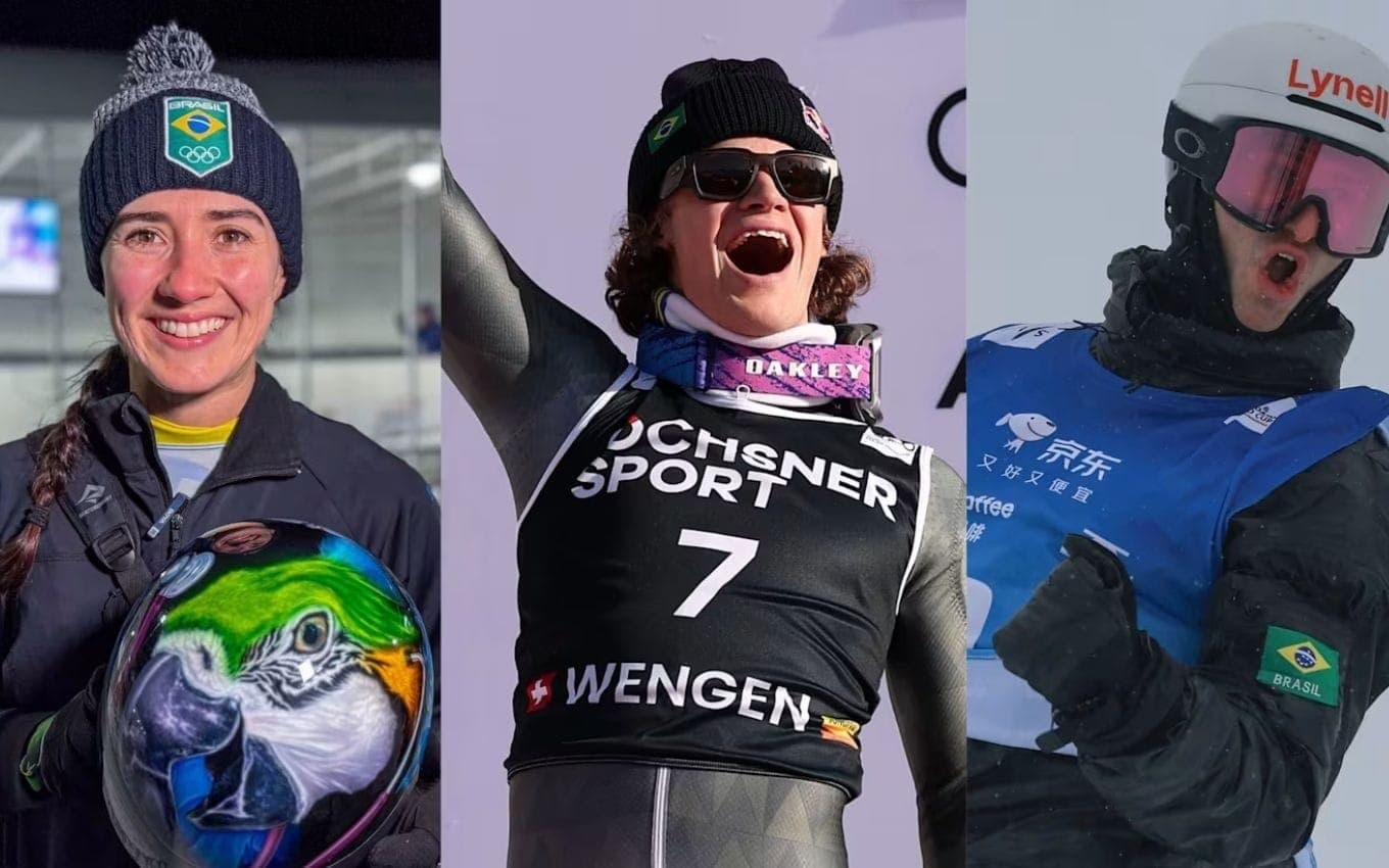 Da esq. para dir., Nicole Silveira (skeleton), Lucas Pinheiro Braathen (esqui alpino) e Patrick Burgener (snowboard)