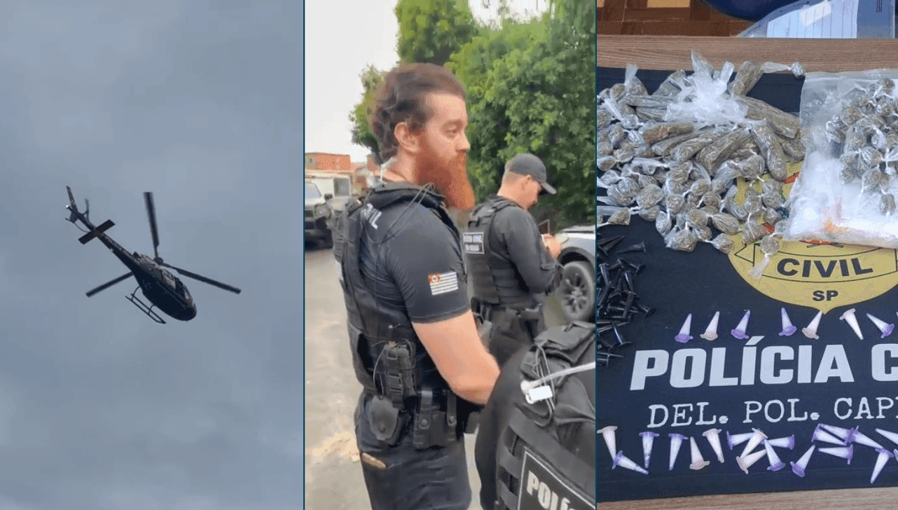 Ação coordenada pela Polícia Civil contou com apoio do helicóptero Águia e resultou na apreensão de drogas e materiais usados para o crime