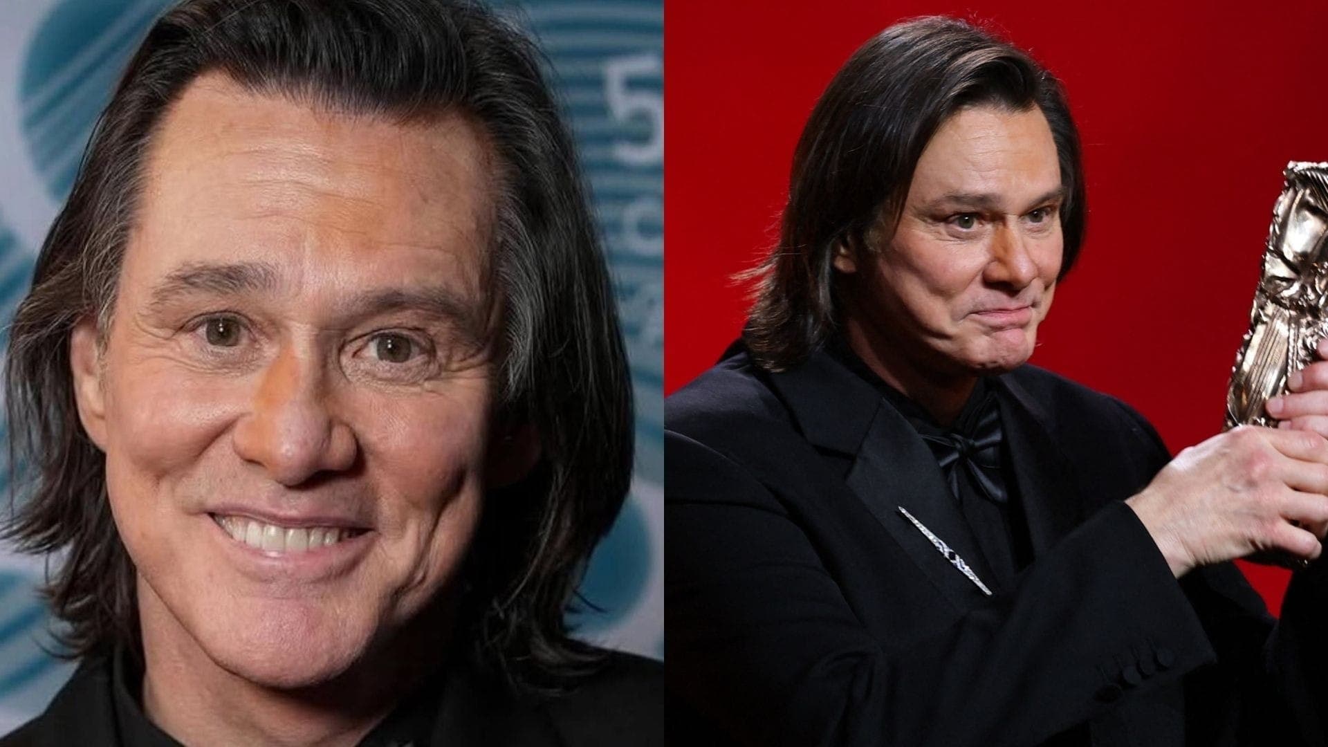 Alexis Stone de um lado e Jim Carrey em prêmio