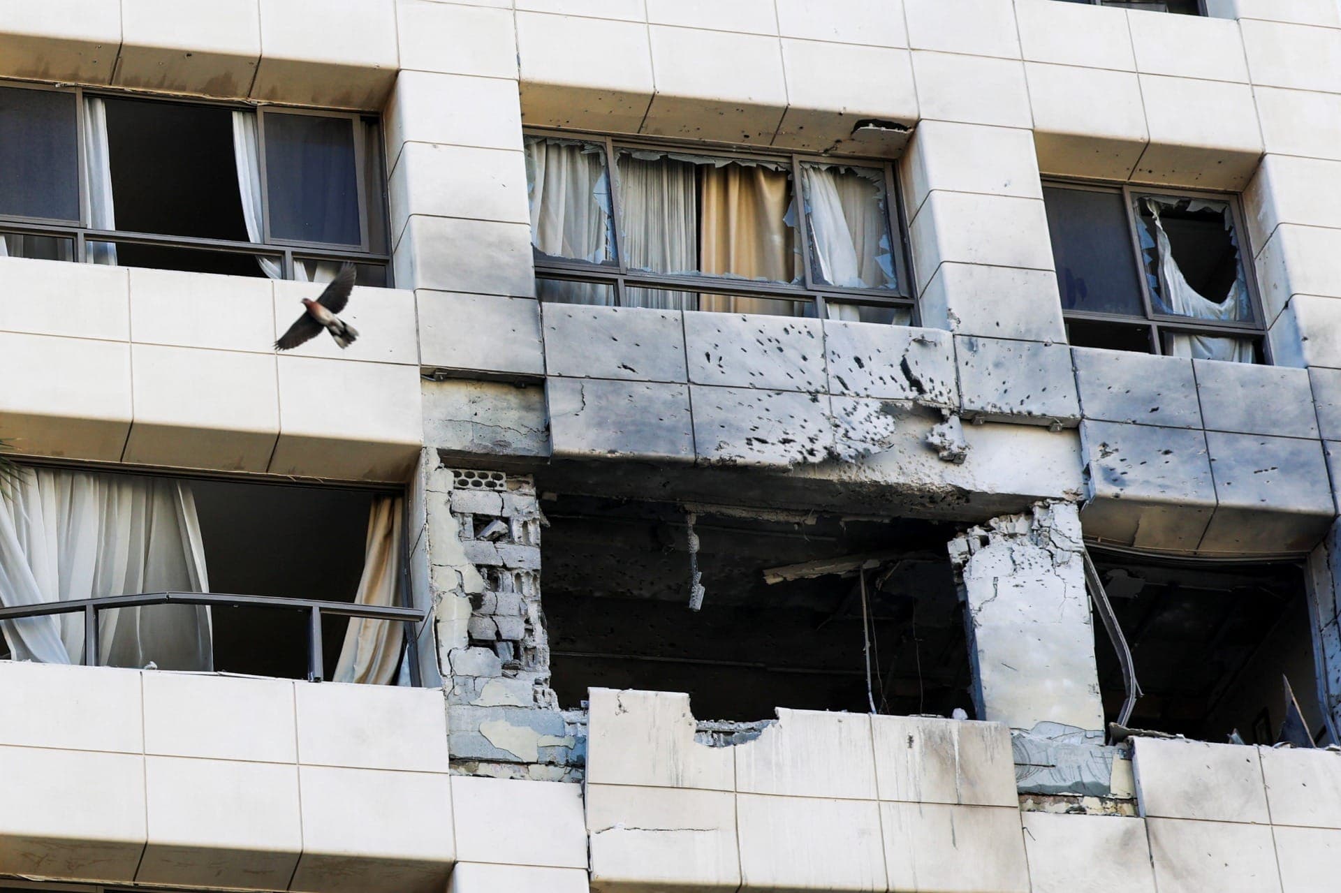 Pássaro sobrevoa hotel Ramada em Beirute após ataque israelense que deixou 4 mortos