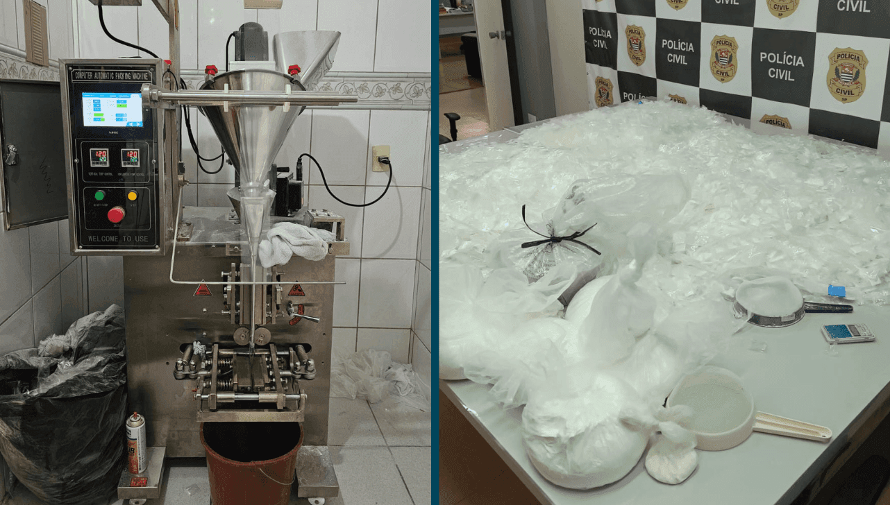 As drogas e a máquina embaladora foram apreendidas